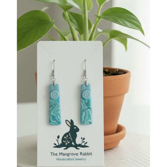 Handmade Jewelry - Blue Green & Silver Handmade Dangle Polymer Clay Earrings w Stainless Steel Post